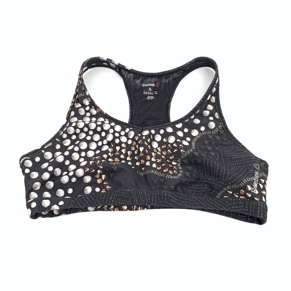 Reebok Studded Print Medium Support Sports Bra XL Womens Black Gold Athletic